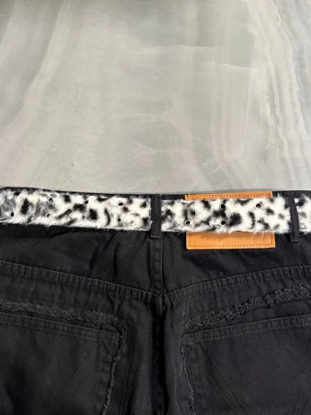 Snow Leopard Print Fur Double Roller Belt